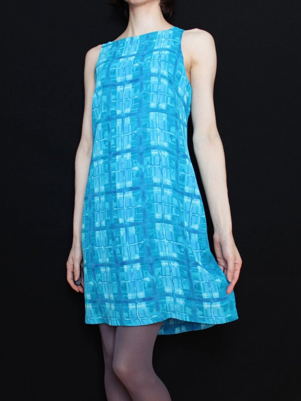 Vintage Bright Blue Grid Print Sleeveless Mini Sheath Dress, Size 8